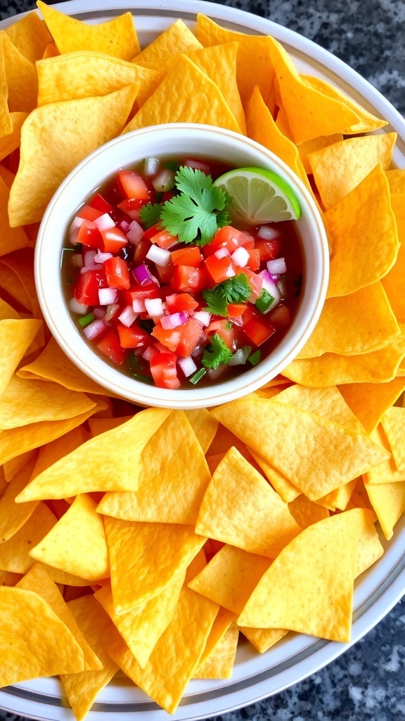 A colorful display of tortilla chips and fresh salsa on a platter, ideal for snacking.